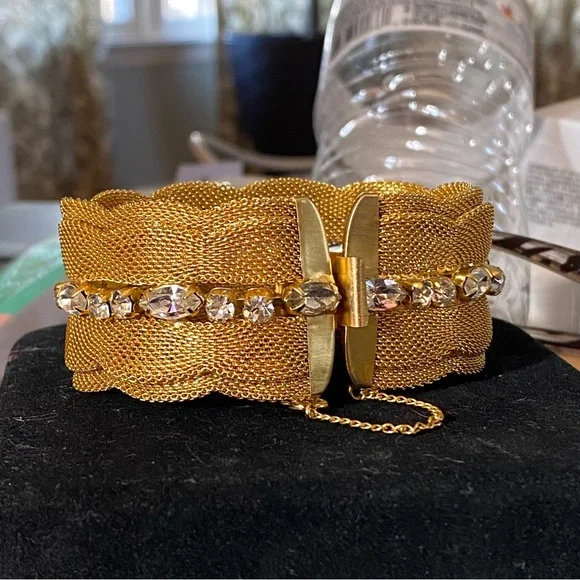 Wide Gold Mesh Bracelet with Clear Prong set Rhinestone Row. 7” - Picture 8 of 11